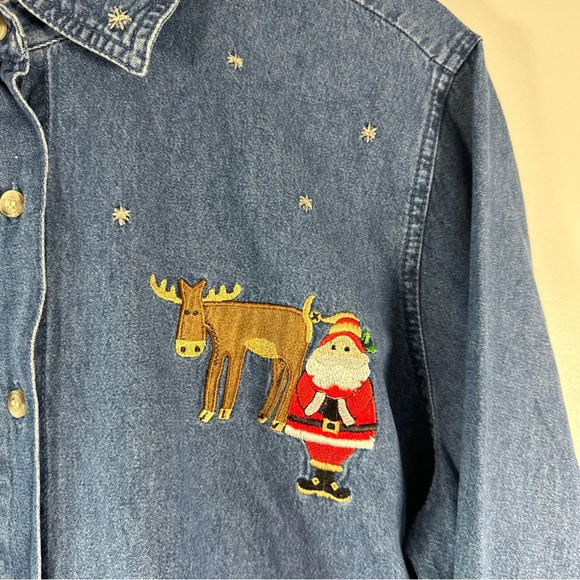 Vintage Christmas Long Sleeve Denim Woven Shirt Embroidered Santa Moose XL - Picture 5 of 8